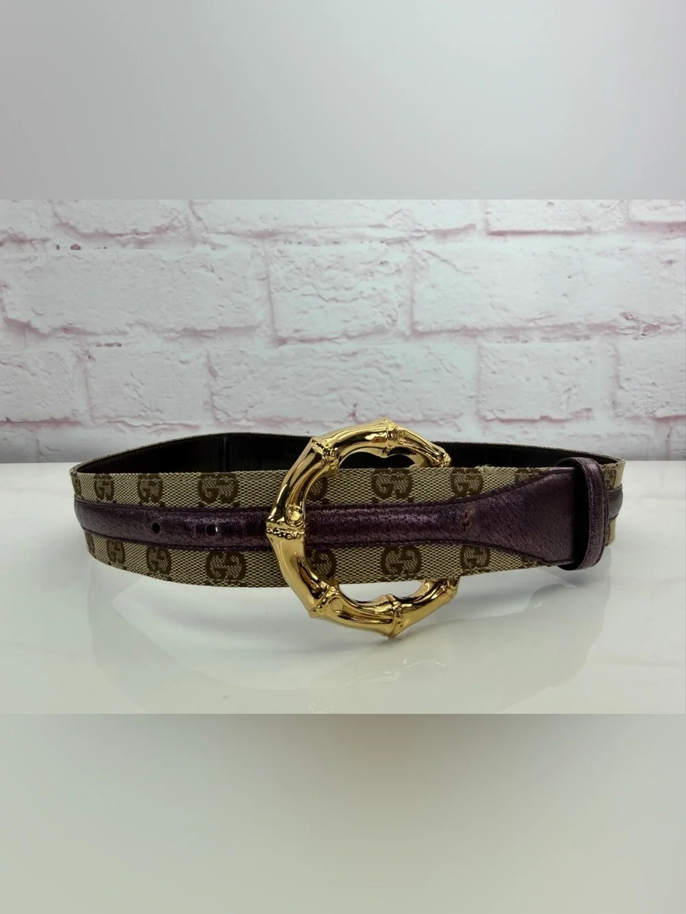 Gucci Vintage Bamboo GG Canvas Leather Waist Metallic Purple Belt 75/30